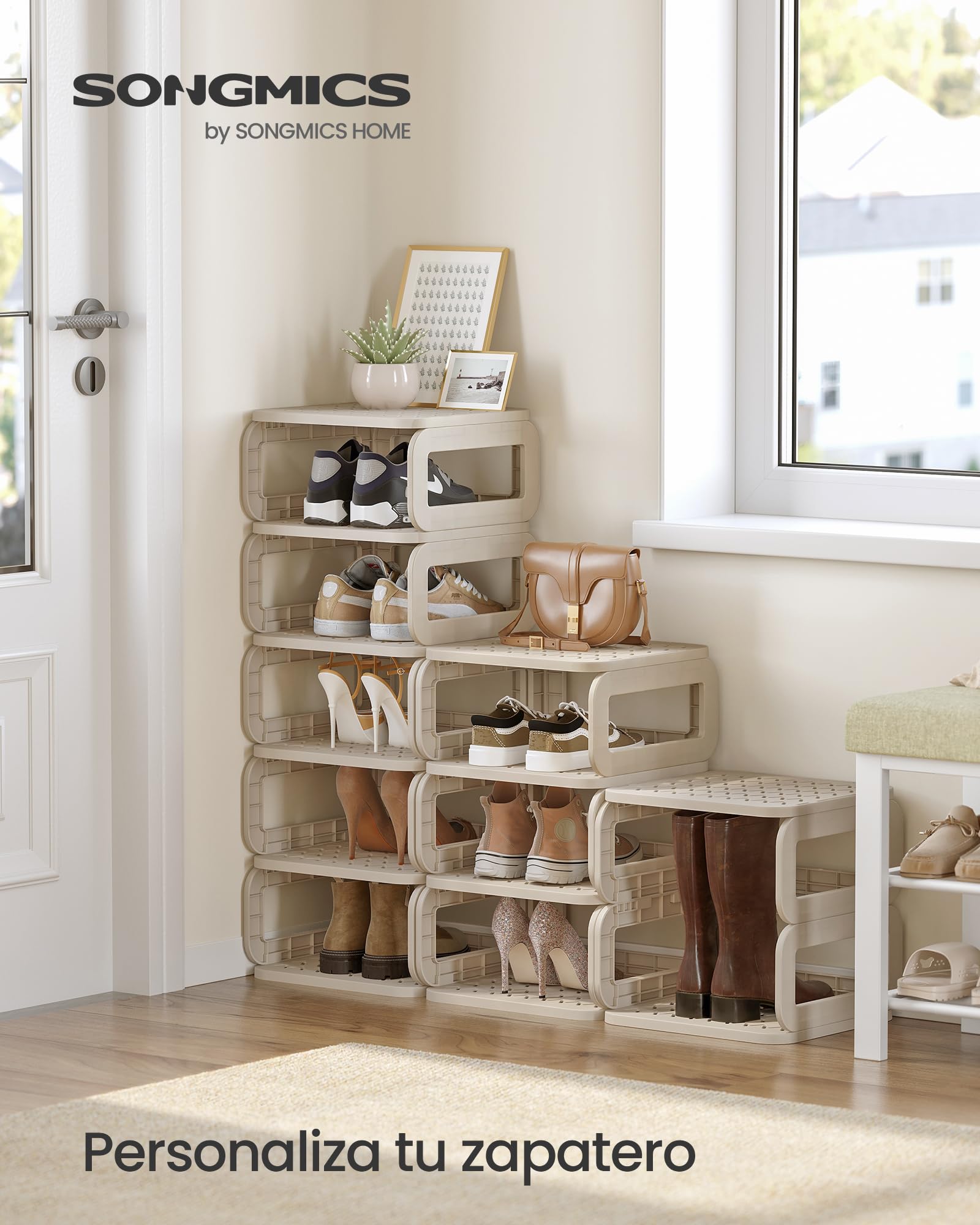 SONGMICS Scarpiera Salvaspazio Slim, 10 Scomparti, Scaffale Porta Scarpe, Aperto, Scarpiera Ingresso Corridoio Entrata Bagno, Beige Cappuccino LPC038K01 | Estantería para Zapatos, Almacenamiento Abierto, para Entrada, Pasillo, Baño, Beige Capuchino, Colec