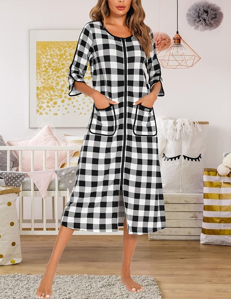 Veseacky Women's Zipper Front Housecoat Half Sleeve Full Long