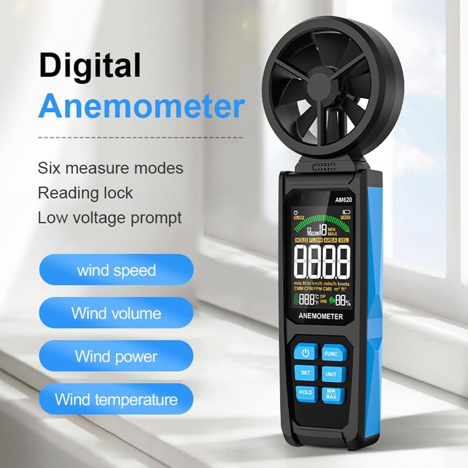 Anemometro portatile, misuratore digitale della velocità del vento con retroilluminazione a LED, ventola a 8 pale e doppio cuscinetto, per misurare velocità del vento, flusso d'aria, temperatura