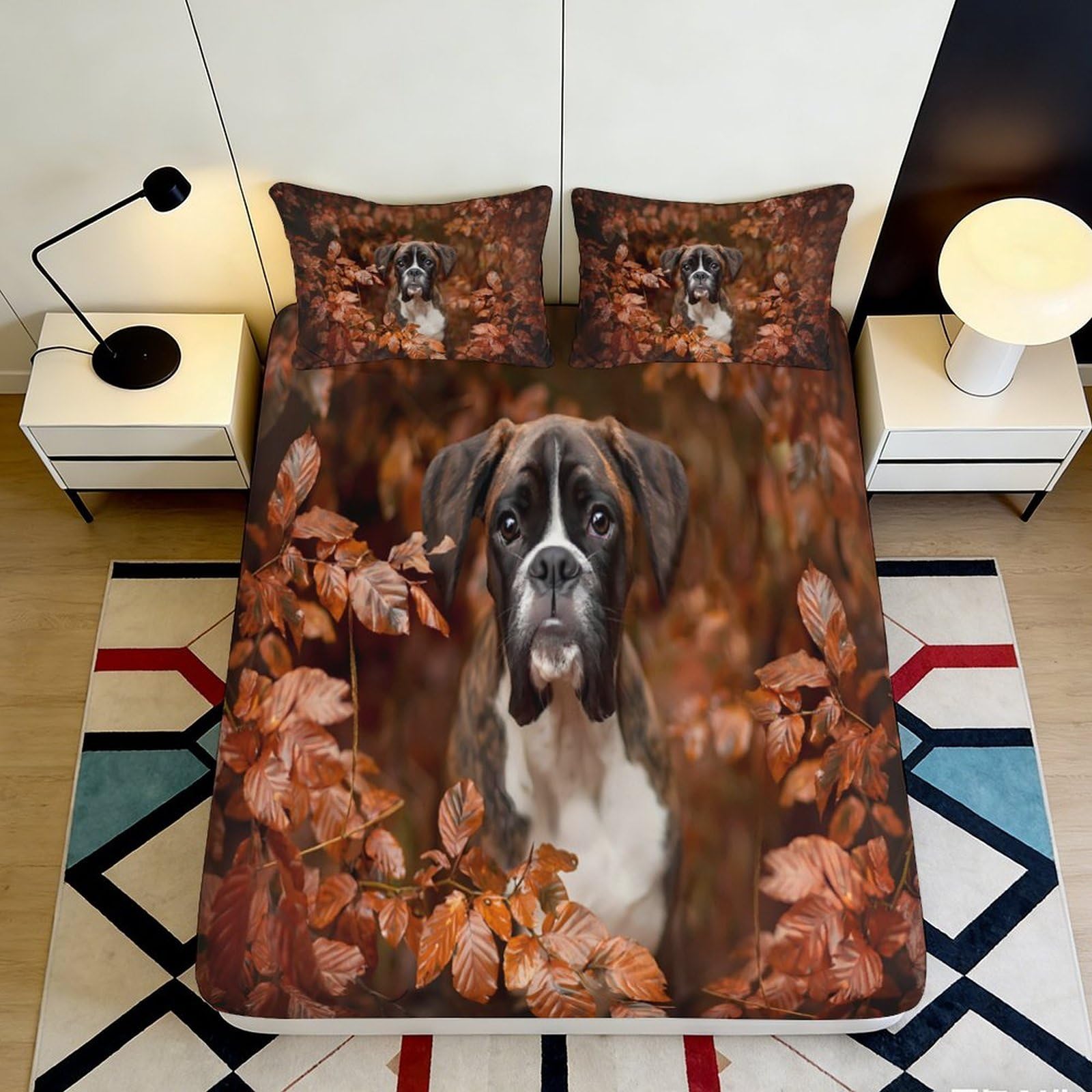 3D Printed Autumn Leaves Boxer Dog Fitted Sheet Microfiber Bed Cover for Bedroom Decor Mattress Protection 90x200x25cm
