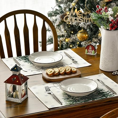 Miniatura 4 de Artoid Mode Juego de 4 manteles individuales de Navidad con copos de pino beige, 12 x 18 pulgadas, para decoración de fiestas, cocina, comedor