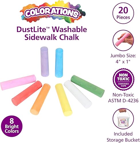 Miniatura 2 de Colorations Tiza lavable para acera en cubo de almacenamiento, 20 piezas, 8 colores surtidos, tiza para entrada de niños, tiza sin polvo para niños,