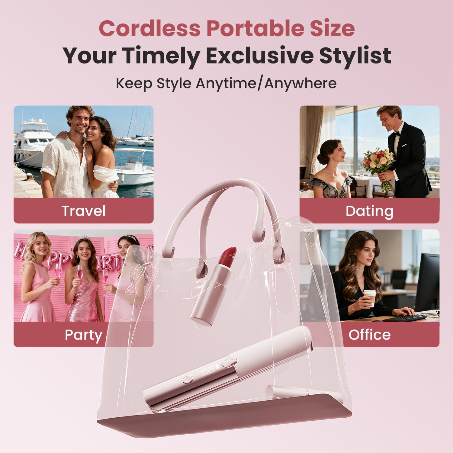 CHIKYO Cordless 2 in 1 Hair Straightener Portable On-The-Go Curling Iron, Portable Power Bank, 7 Temps, LED Display, Rechargeable Mini Flat Iron for Travel, 5000mAh Battery, Pink