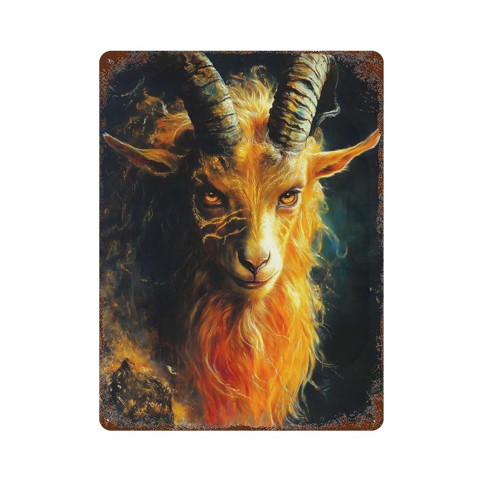 Fiery Goat Creature Animal 15.7"x11.8" Distressed Metal Wall Sign, Retro Wall Decor for Garage, Bar And Workshop Decor