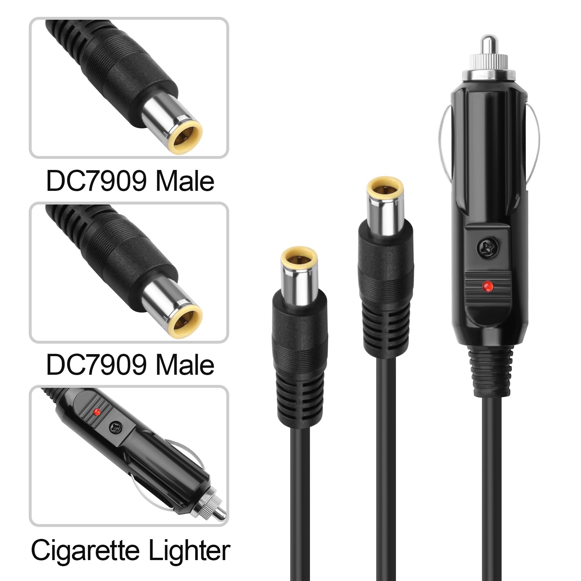 Cavo splitter da accendisigari per auto a DC7909, doppio cavo di ricarica DC 7,9 x 5,5 mm con fusibile da 15 A, 12 V per auto DVR, GPS, laptop, frigorifero portatile, fotocamera 1,8 m