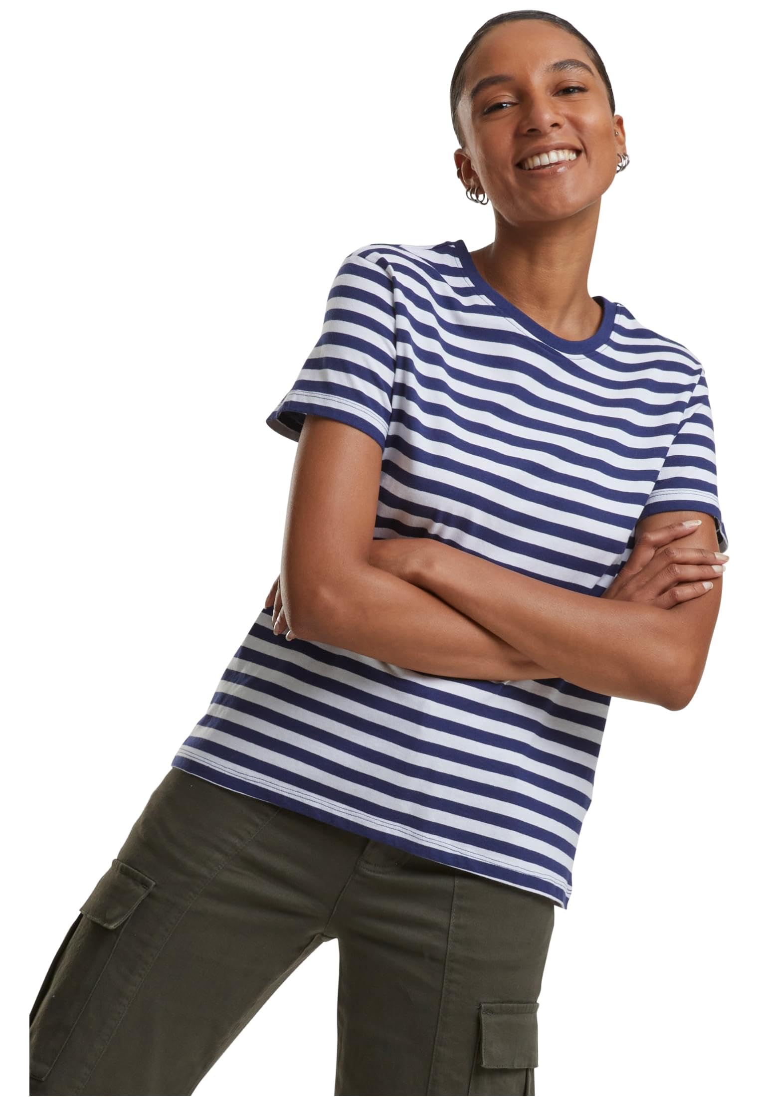 Urban Classics Women's Ladies Regular Striped Tee T-Shirt, White/Dark Blue, XXXXL