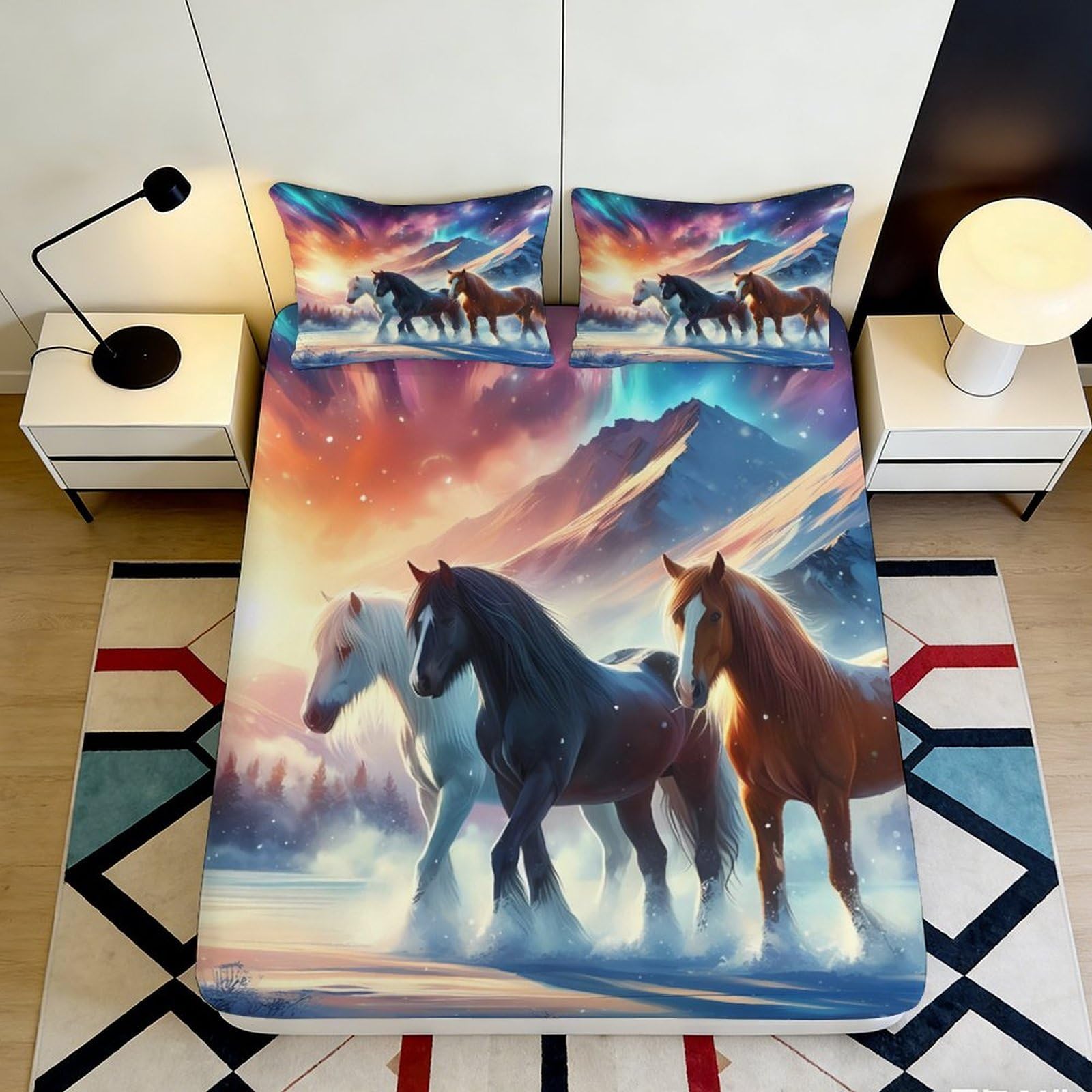 3D Printed Aurora Mountain Fitted Sheet Microfiber Soft Rainbow Horse Mattress Cover for Bedroom Dorm Decor 90x200x25cm