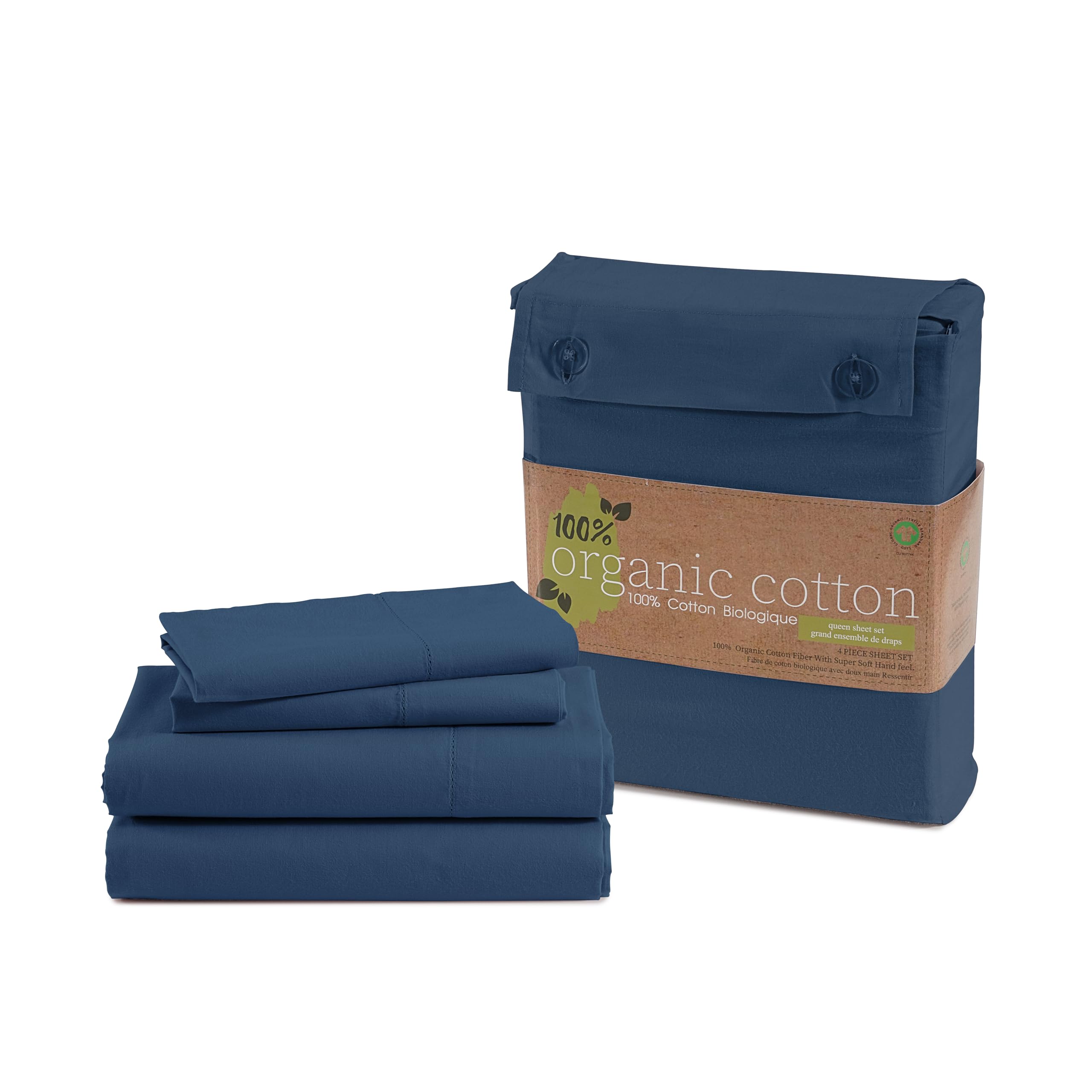 LANE LINENLANE LINEN 100% Organic Cotton Queen Sheets Set, Fully Elasticized Machine Washable Mercerized Cotton Soft & Comfy Low Pill Fade Resistant Sheets Queen Size Set, Classic Percale Weave- Estate BlueOEKO-TEX STANDARD 100