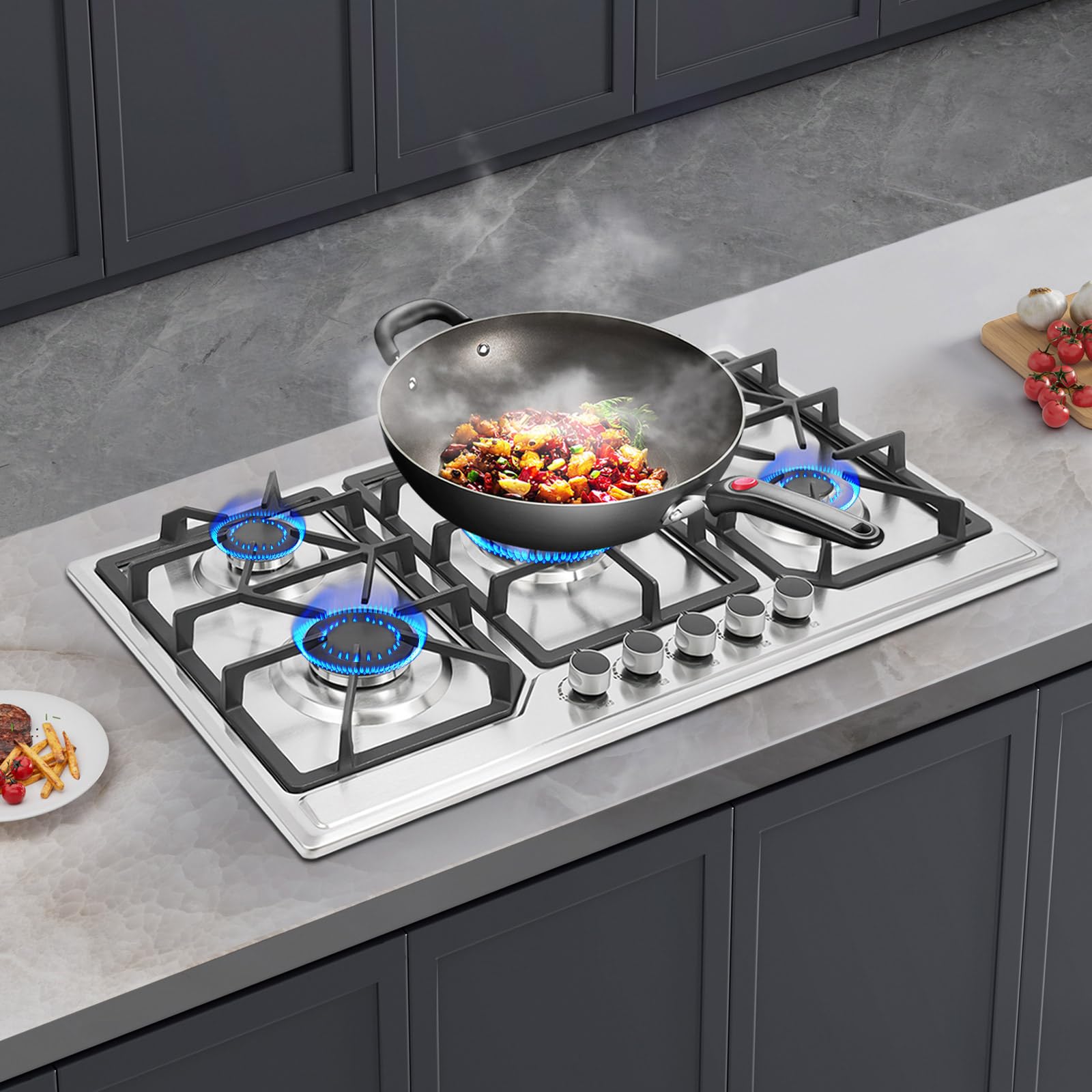 Placa de gas de 5 fuegos,Placa de cocina de gas,Hornillo de gas acero inoxidable,Placa de gas empotrable,5 quemadores de diferentes potencias,Encendido electrónico seguro,Rejilla de hierro fundido