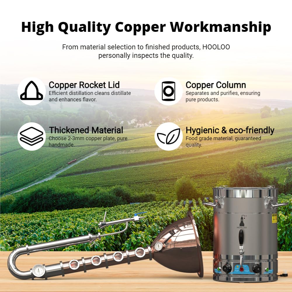HOOLOO 110V Electric Alcohol Still 13.7Gal/52L Home Brew Kit with Copper Top, Copper Column,for DIY Brandy, Whisky, Rum, Distilled Water Wine Making SKit(RST-65)