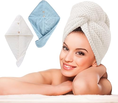 ACMYCH Toalla de pelo grueso toalla de secado de cabello con botón toalla de pelo de microfibra sombrero de pelo seco y gorro de baño azul claro y