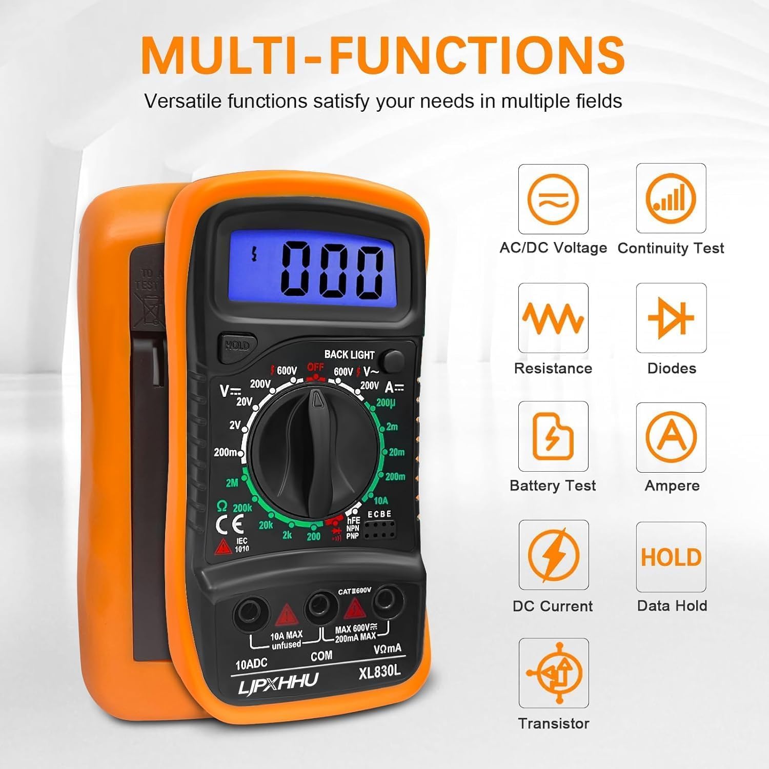 Digital Multimeter Voltmeter Battery Voltage Multi Tester AC DC Volt OHM Amp Current Meter Circuit Continuity Resistance Diode Electrical Tester with Test Leads Backlight LCD Display - Image 2