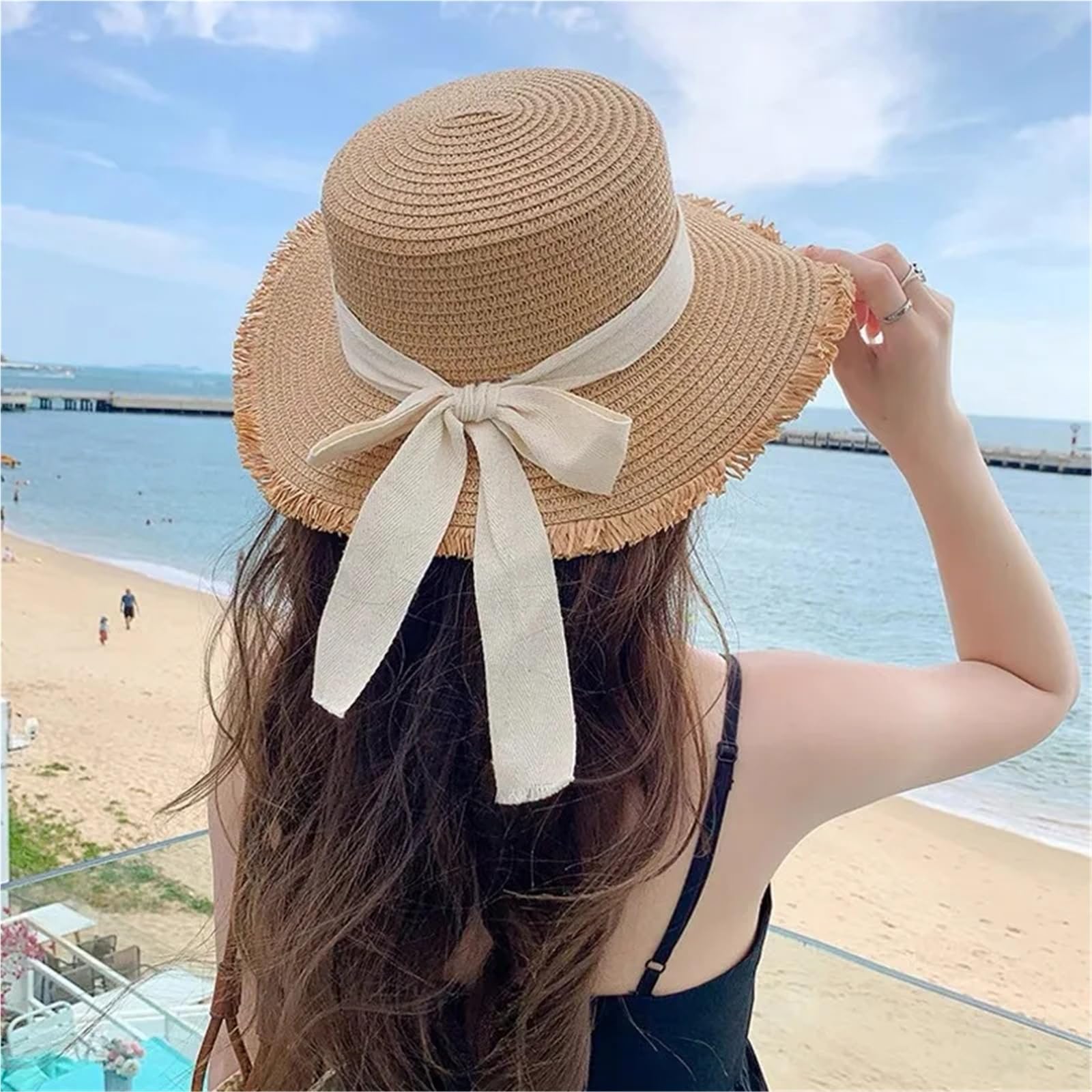 Sombrero Paja Verano Pajarita Correa Sombrero de Paja Mujer al Aire Libre ala Ancha Sol Playa Vacaciones protección UV Mujeres densas | 1-Khaki White