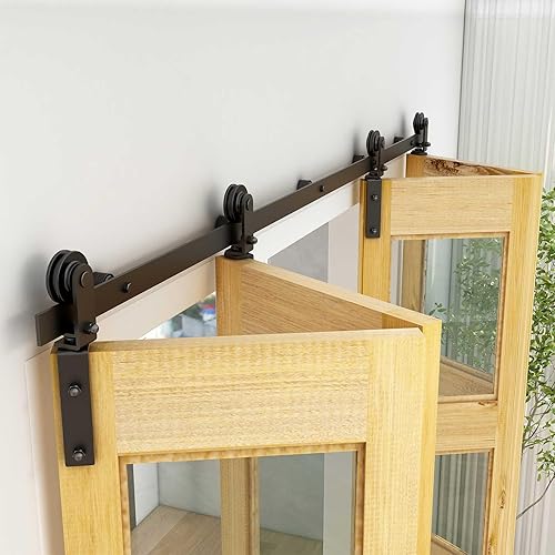 Miniatura 9 de TSMST Kit de riel de puerta corrediza de granero de doble pliegue de 3 pies36 pulgadas para 2 puertas, kit de herrajes para puerta de granero,