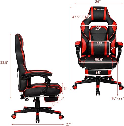 Miniatura 3 de Goplus Silla de masaje para juegos, respaldo reclinable, ajuste de altura del asiento, silla de oficina para computadora de carreras con reposapiés,