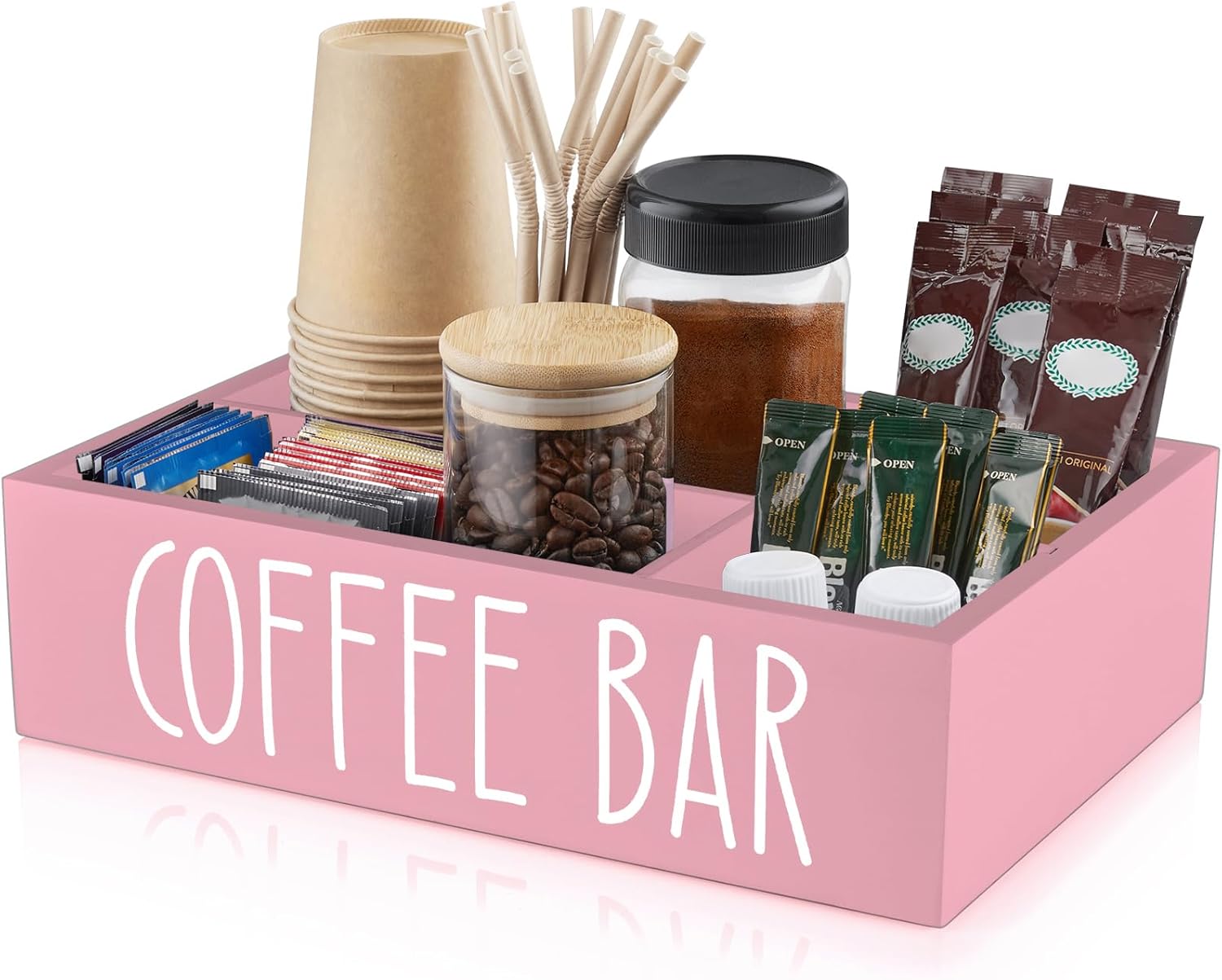 ALELION Organizador de estación de café rosa con divisores extraíbles, organizador de accesorios de barra de café de madera para encimera, cesta de