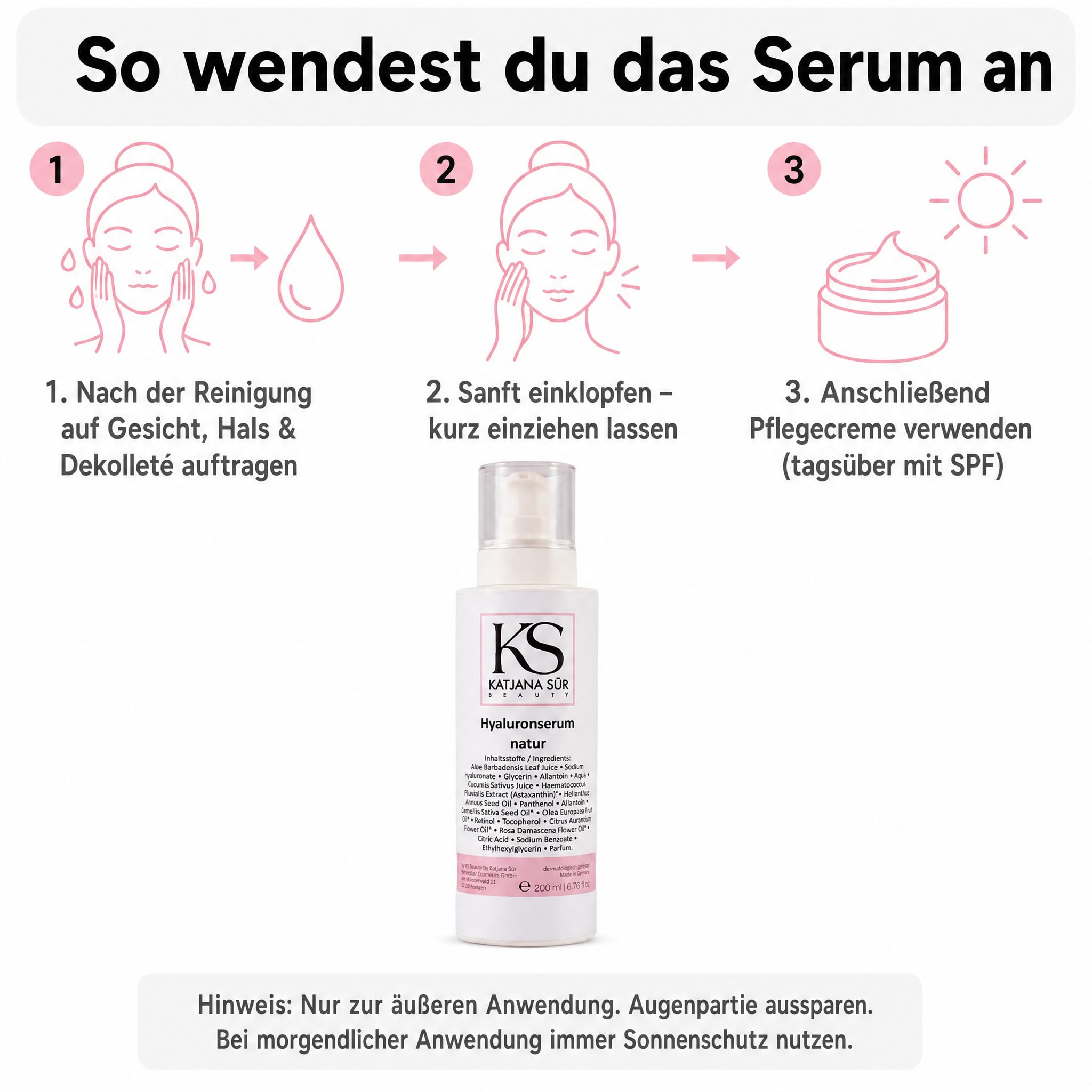 KS Beauty Hyaluron Serum Gesicht mit Retinol & Aloe Vera, 200 ml | Feuchtigkeitsserum mit Hyaluronsäure, Astaxanthin & Vitamin E – dermatologisch getestet, Made in Germany
