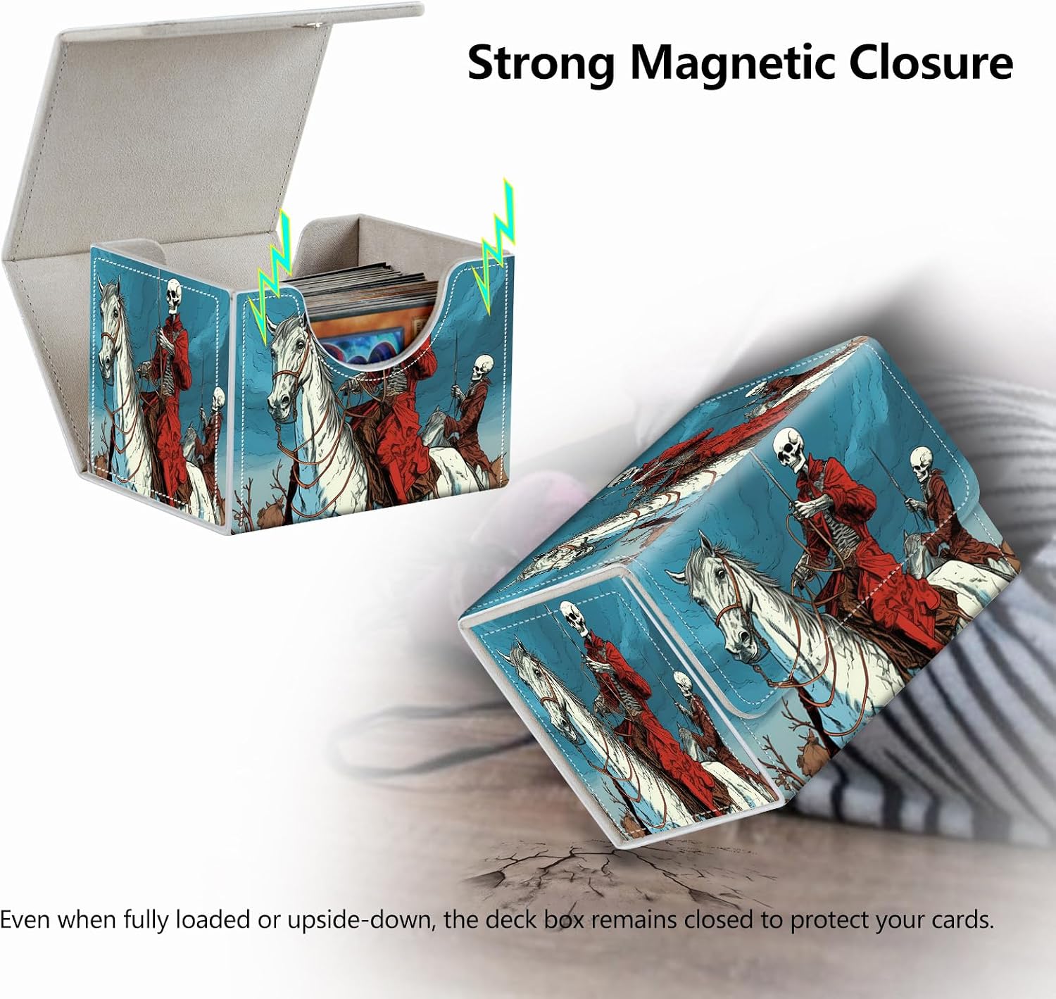 Strong Magnet Case Deck Box Mtg Card Box Playing Card Box Magic Deck Box Tcg Up to 200 Cards Creative Pattern Trading Card Storage Box for Collectible Card Games, Skeletons On Horseback Riding
