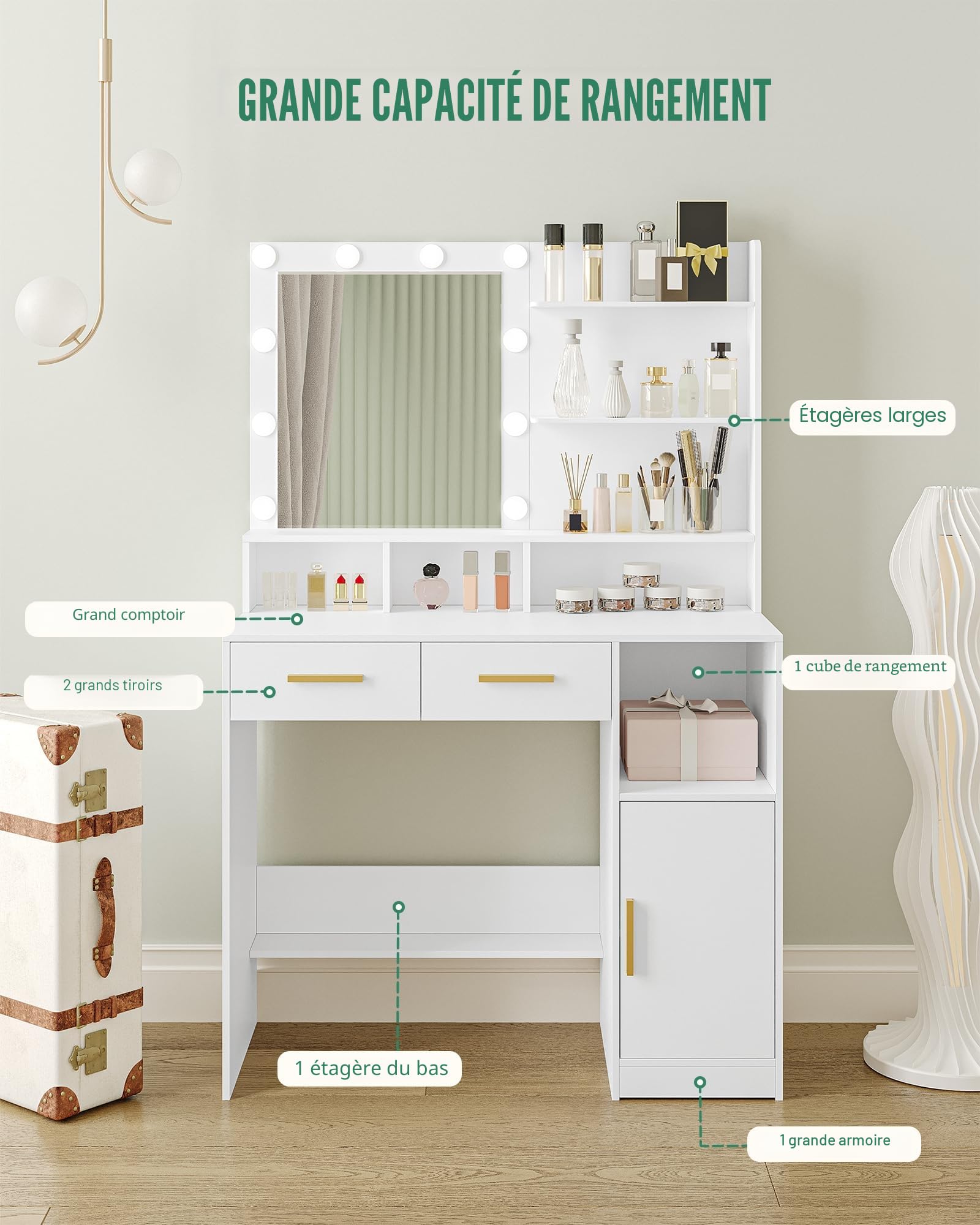 Hzuaneri 90cm Coiffeuse avec Miroir et 10 Lumières LED Réglables, Coiffeuse avec 2 Tiroir et 1 Armoire, 3 Étagères et 4 Compartiments Ouverts, Blanc DT32503X