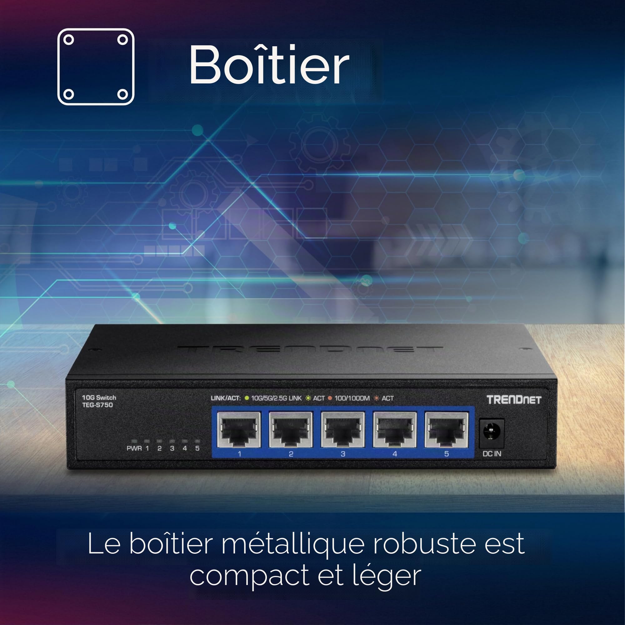 TRENDnet, TEG-S750, Commutateur 5 Ports 10G, 5 Ports RJ-45 10G, capacité de Commutation de 100 Gbit/s, Prend en Charge Les connexions 2,5G et 5G-Base-T, Noir