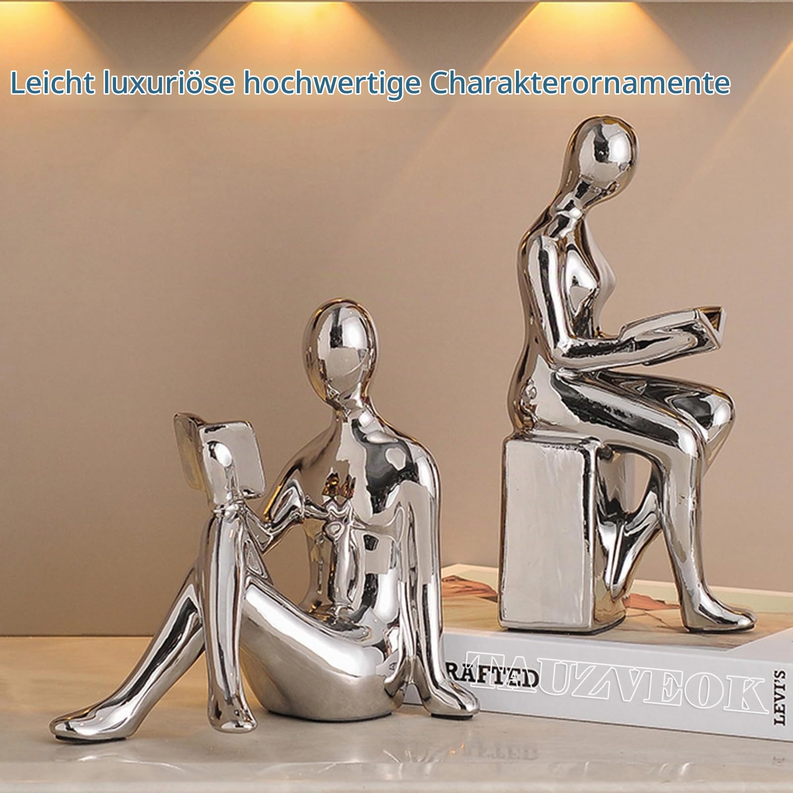 Denker Skulptur Lesen Deko Figuren Keramik Abstrakte Kunst Statue Für Bücherregal Deko Skulpturen, Deko Bücher, Büro Deko, Modern Dekofiguren,Silver a