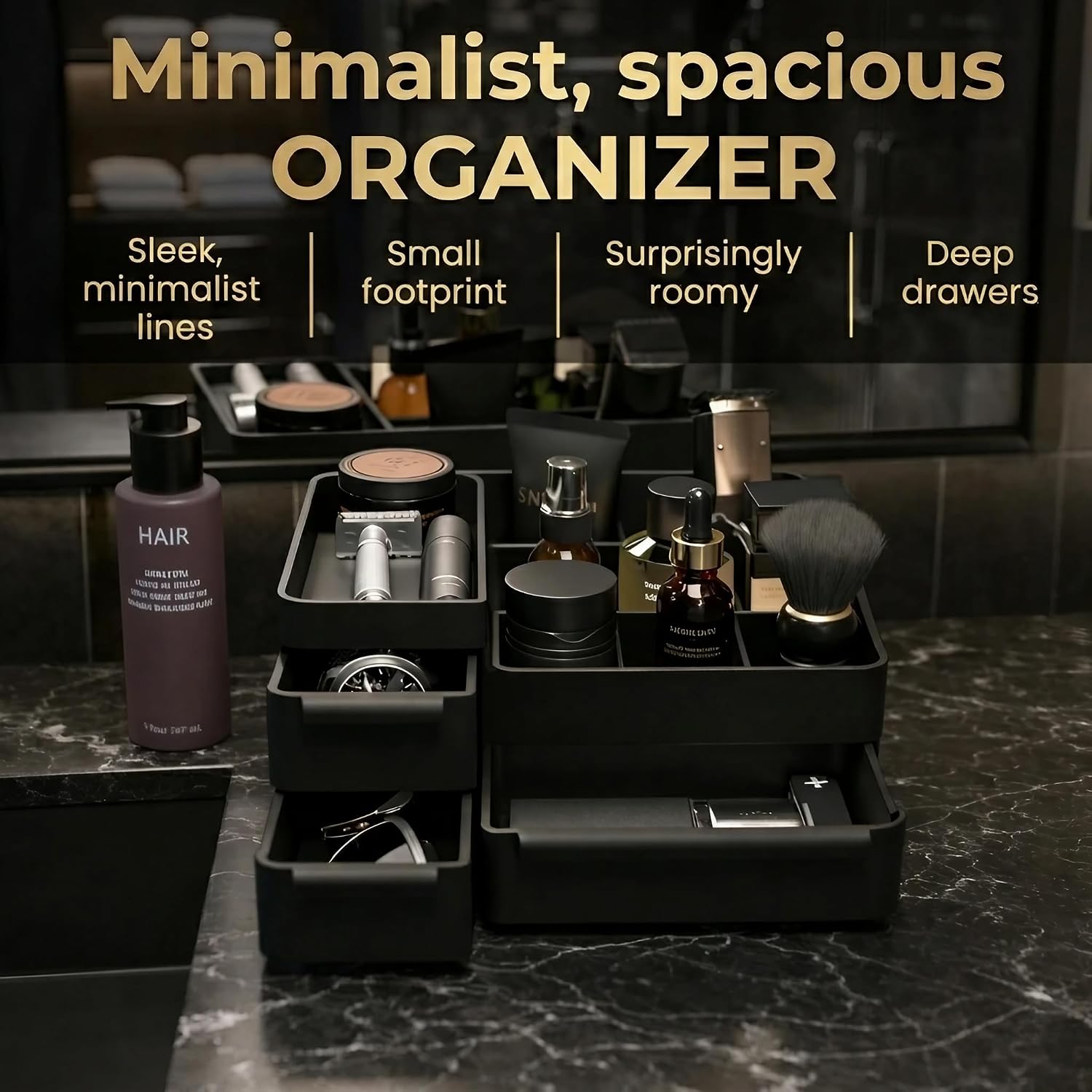 Men Bathroom Countertop Organizer with Drawers for Cologne Organizer | Vanity & Dresser Organizer for Perfume Skin Care, Lotion, Deodorant, Shaving Kit, Grooming Products Organizer, Matte, Medium