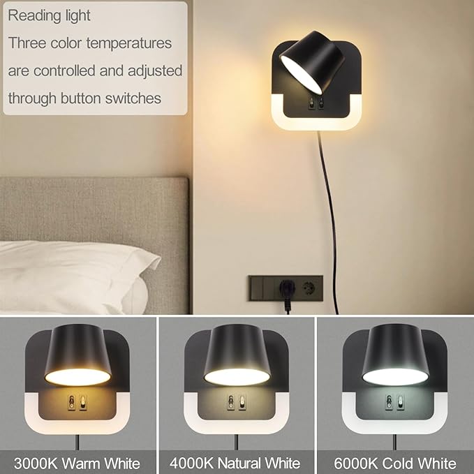 AWEKLIY Led-wandlamp, bedlampje met schakelaar, leeslamp, wandleeslamp, 3000 K, instelbare kleurtemperatuur (4 W + 8 W), wandleeslamp, slaapkamer, met kabel, draaibare lampkop, zwart photo 3
