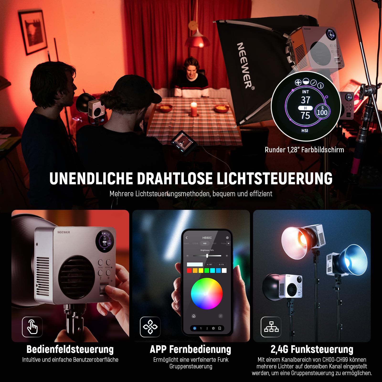 NEEWER HB80C 80W RGBWW LED Videolicht mit 72Wh Akku & 100W PD Schnellladung, Bowens Mount, 2500-7500K Farbtemperatur, 10400lx/m Helligkeit, 18 Lichteffekte für Studio, Fotografie & Videoaufnahmen