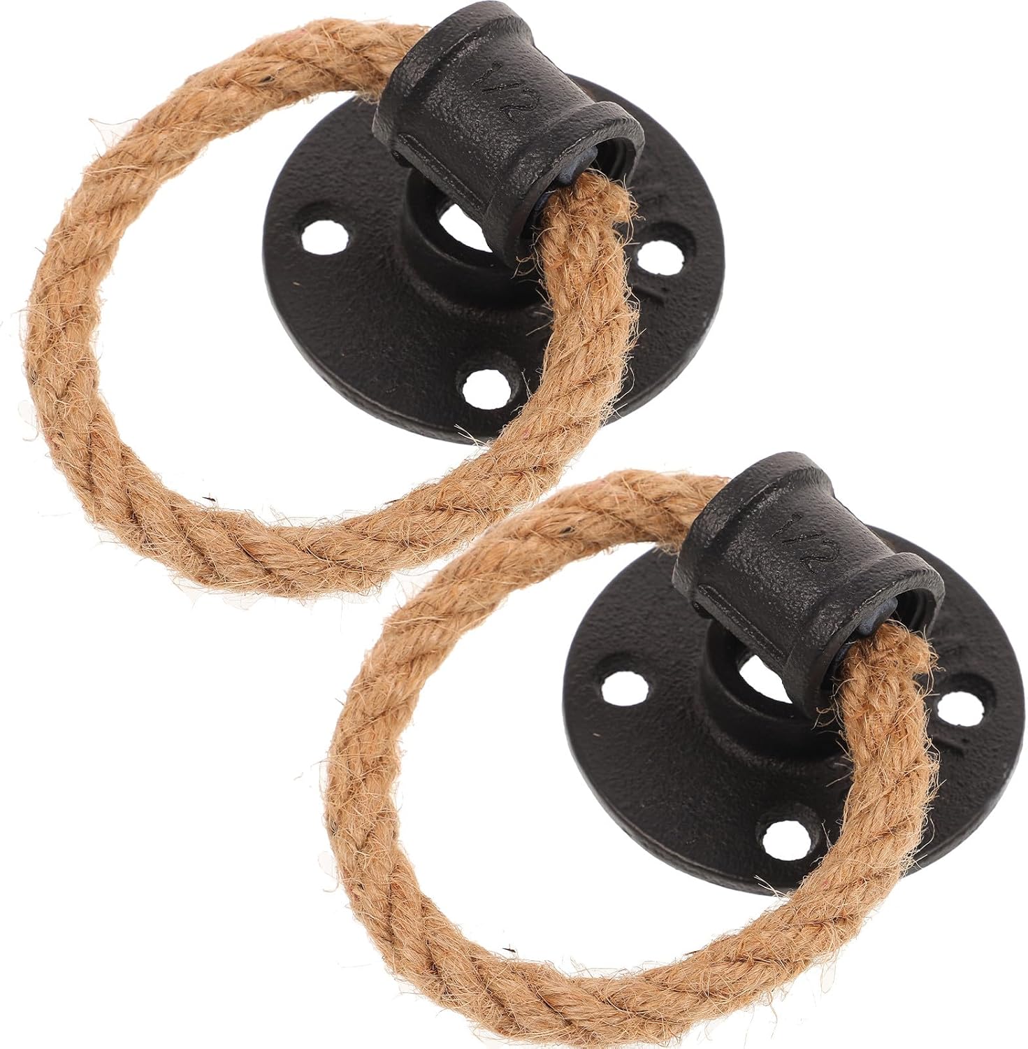 Vintage Rope Pull Drawer Handle Set, Black Jute Cabinet Knob with Iron Ring, Adjustable Length Rustic Door and Cupboard Handles for Wardrobe Hardware (2 Pieces)