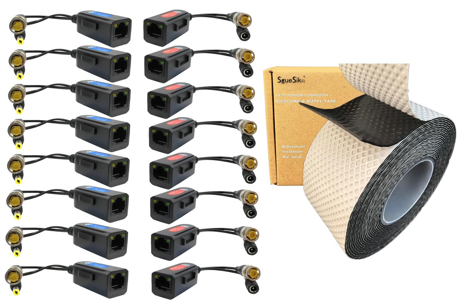 SGUESIKR 8 Pair BNC to RJ45 Video Balun with Power and Waterproof Self-Fusing Rubber Tape Bundle