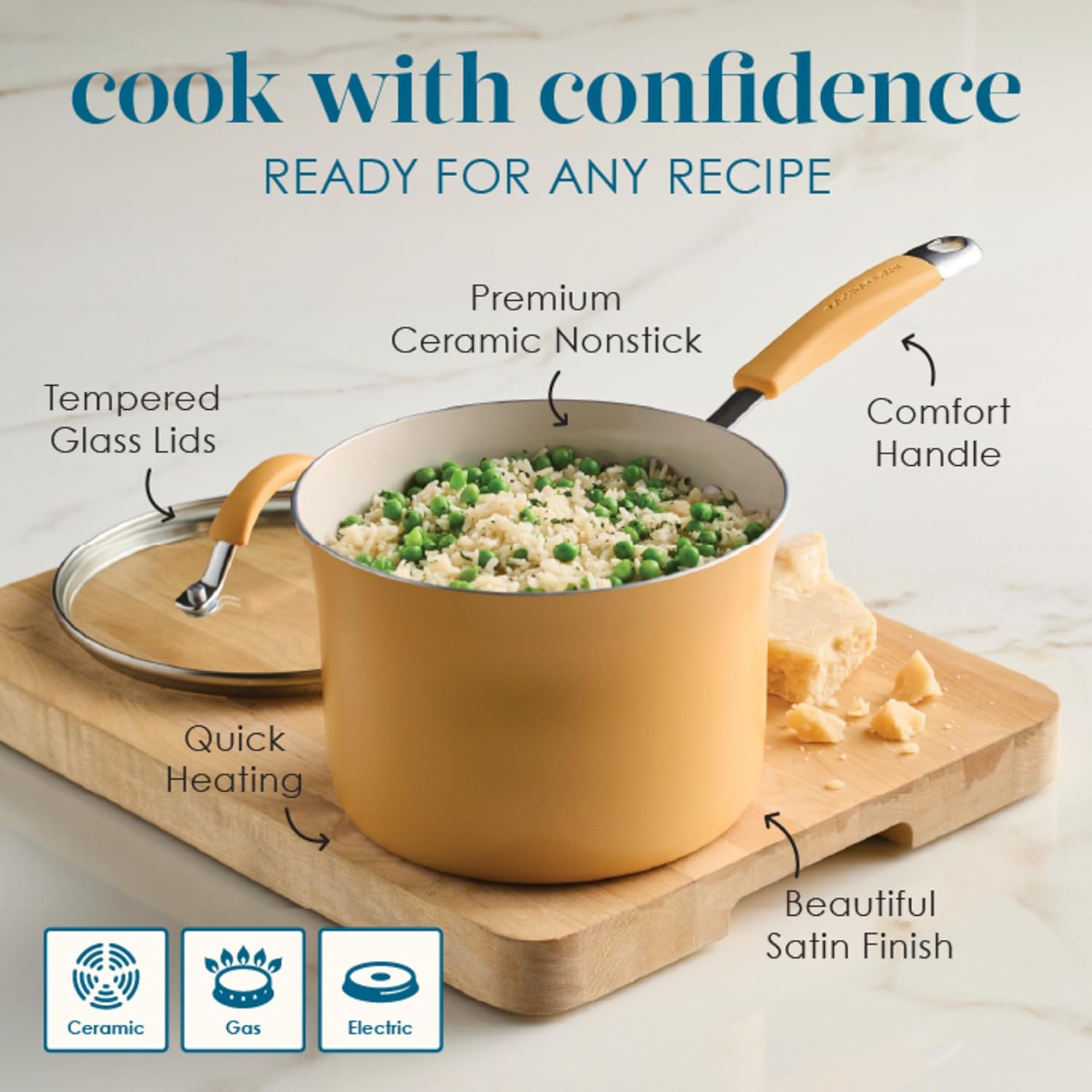 Rachael Ray Cucina Ceramic Nonstick Pots and Pans Set with Saucepans, Frying Pans, Stockpot, Lids, and Pan Protectors, 10 Piece Non Stick Cookware Set, Dishwasher Safe - Turmeric Yellow