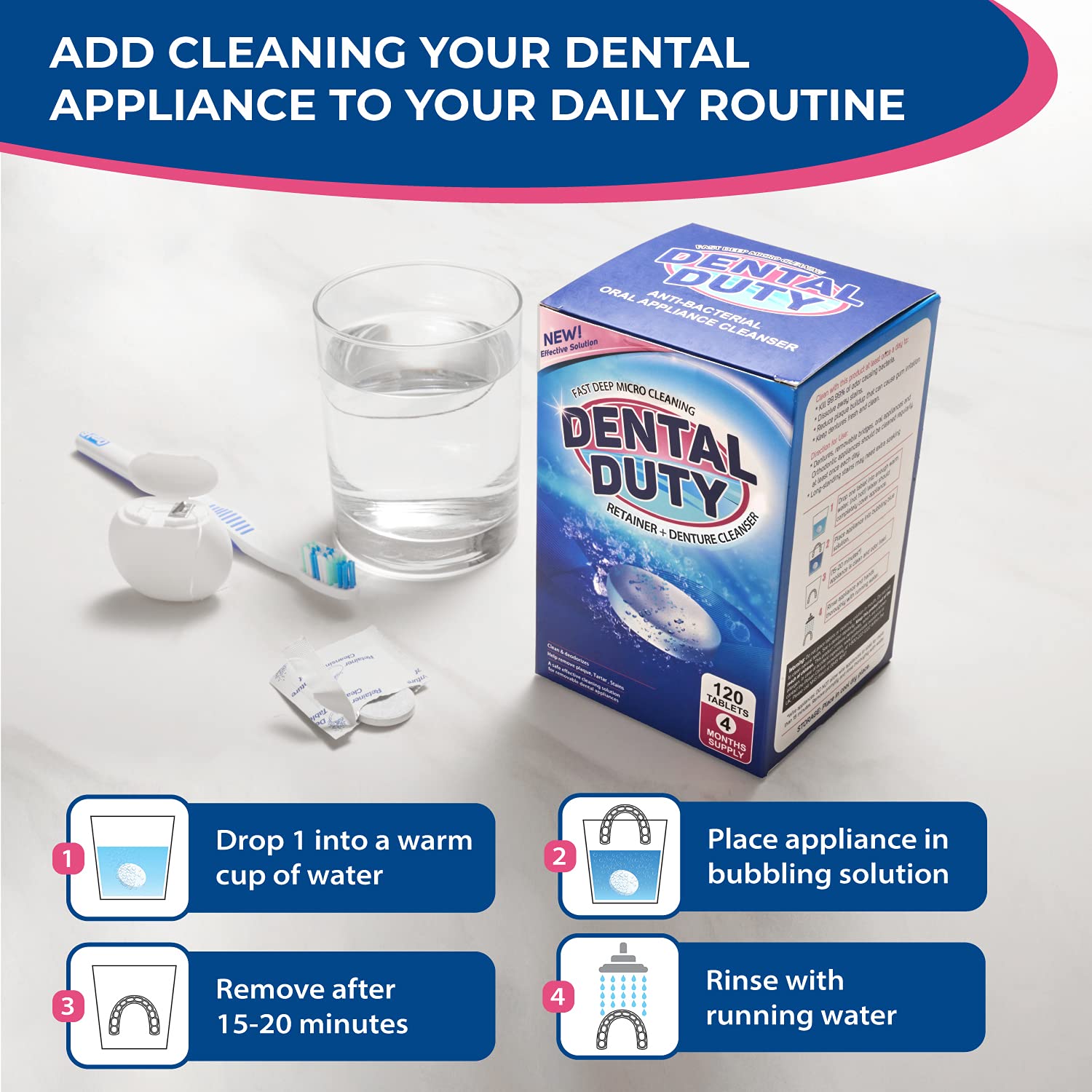 120 Retainer and Denture Cleaning Tablets (4 Months Supply) - Cleaner Removes Plaque, Odars, Stains from Dentures, Retainers, Night Guards, Mouth Guard, Invisalign, and Removable Dental Appliances. : Beauty & Personal Care