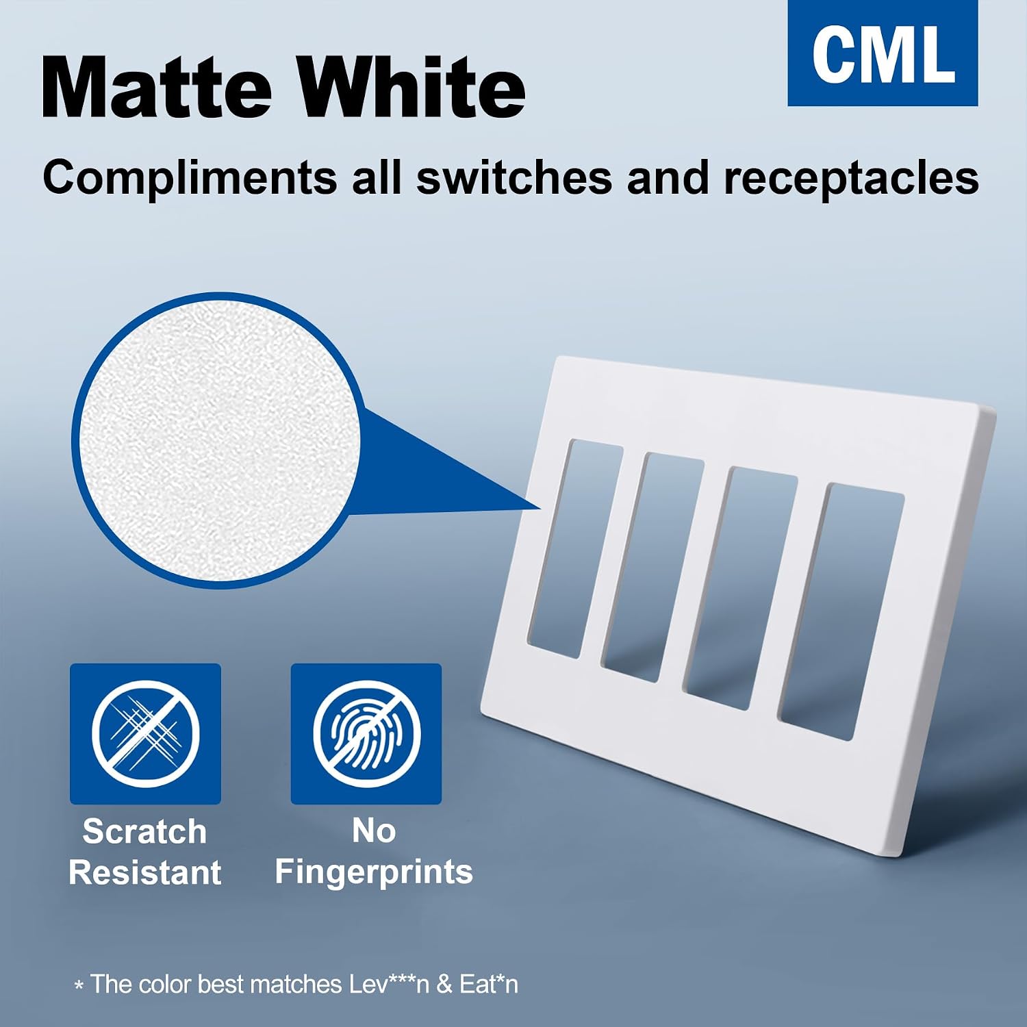 CML 4-Gang Matte White Decorator Screwless Wall Plates, 4 Pack Light Switch Covers, Standard Size 4.68” X 8.34”, Scratch and Impact Resistant, Hidden Screws, Polycarbonate image 3