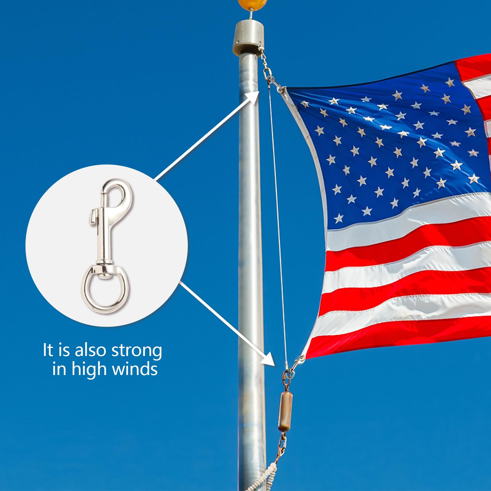Flag Clamp for Flagpole Rope - Heavy Duty Zinc Alloy Swivel Bolt Snap for Hanging American Flag, Pet Cage Fastener, Dog Leash Clamp, Key Chain (10 Hooks)
