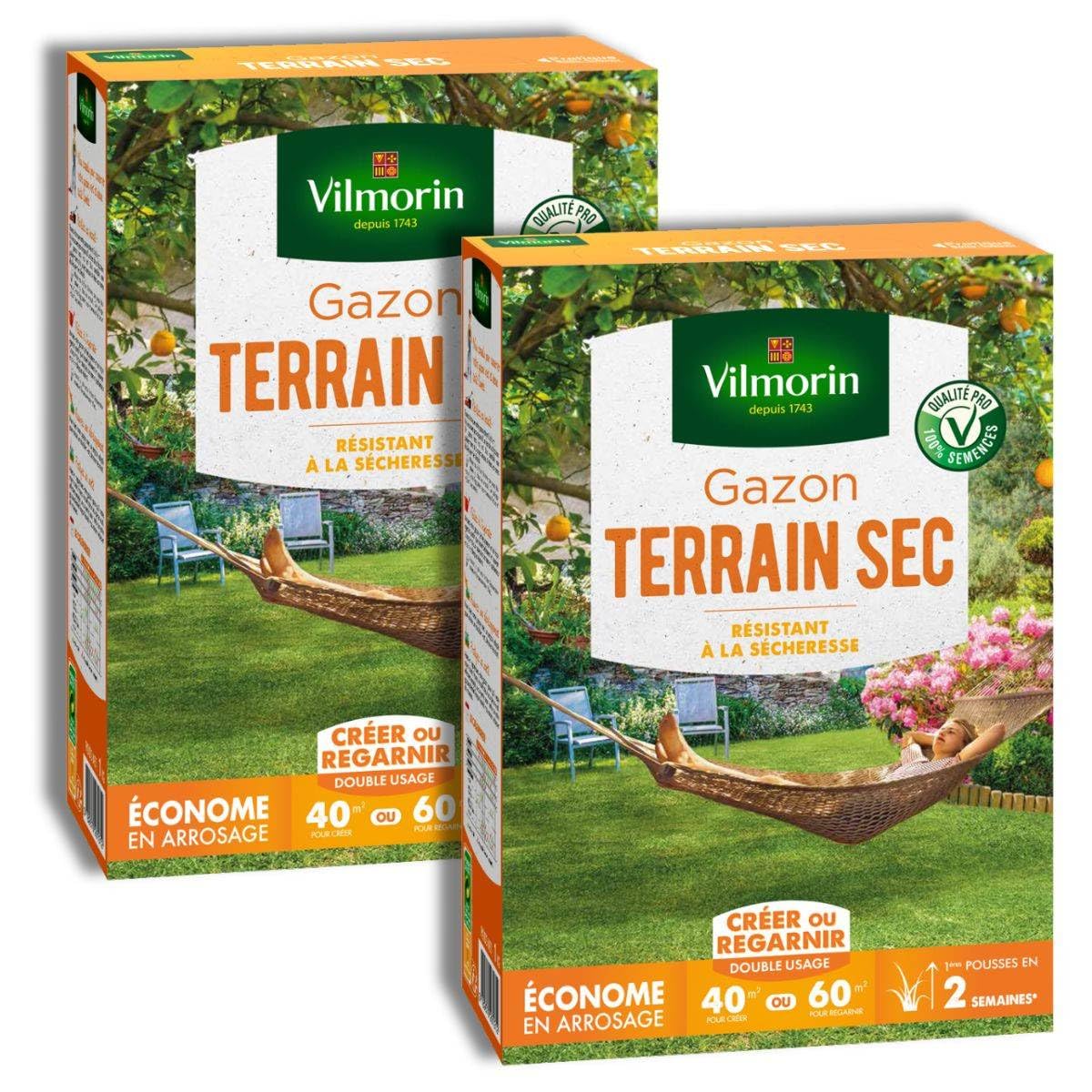 Lot de 2x1kg Gazon Terrain Sec Vilmorin | Anti-Sécheresse Tétraploïde 4N (80-120m²)