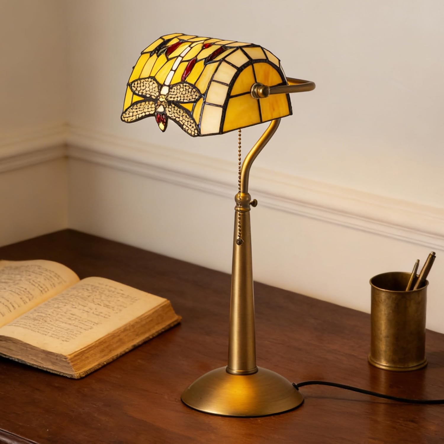 Tiffany Style Dragonfly Bankers Lamp - 18.1" Tall Stained Glass Desk Light with Adjustable Angle & Pull Chain, Vintage Handcrafted Accent Décor for Home Office Bedroom（Yellow）