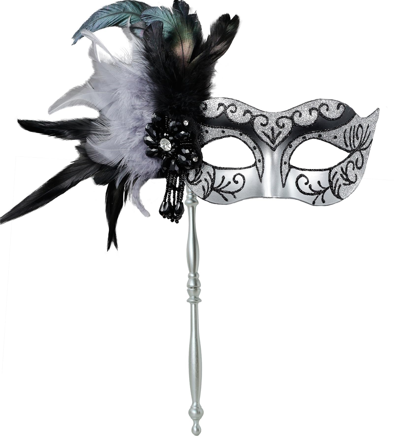 MYSEUNI2024 New Masquerade Mask for Women with Stick - Shiny Women's Feather Mardi Gras Venetian Mask for Costume Accessory