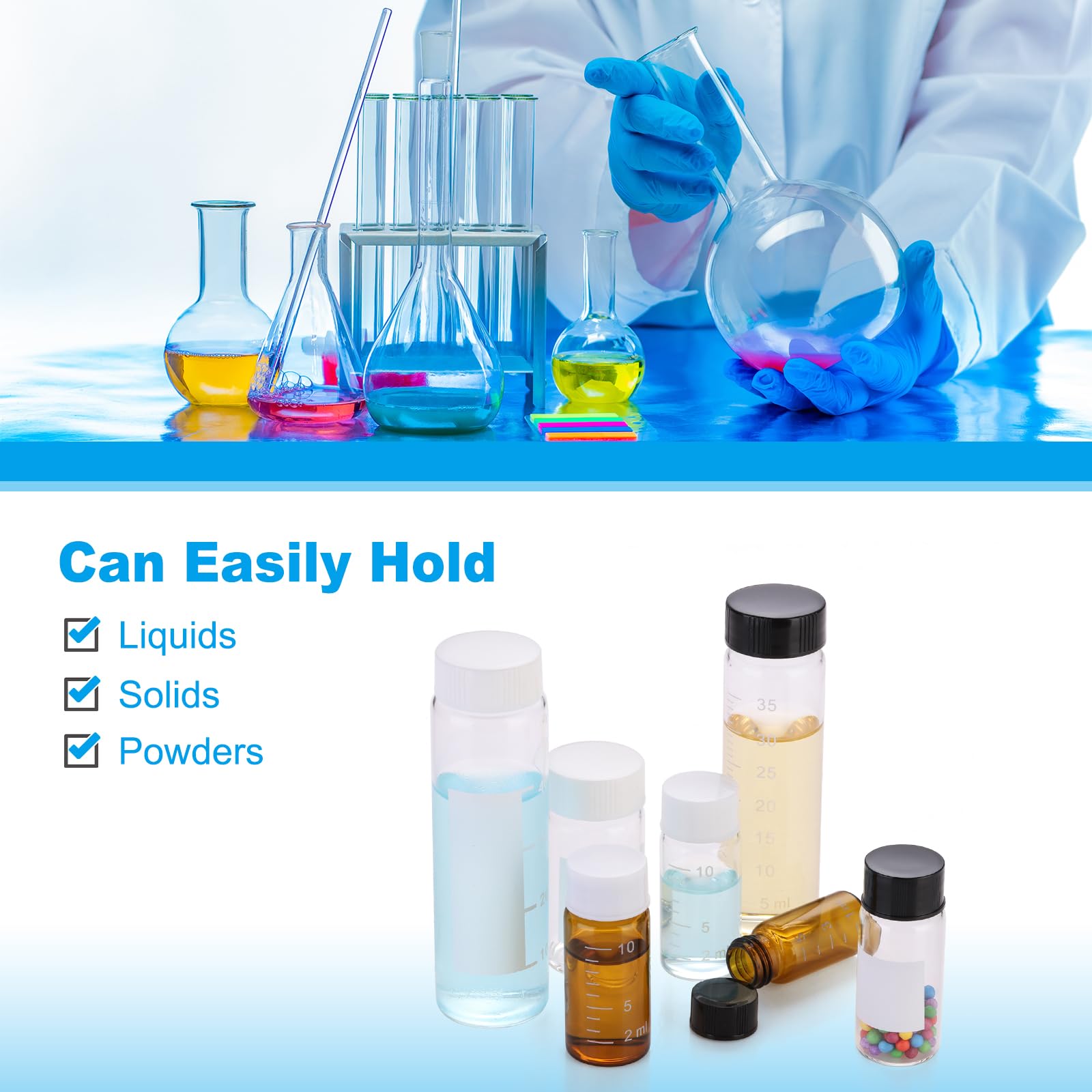 PATIKIL 8pz 40ml Piccoli Viali Vetro Trasparente con Tappo a Vite Nero, Bottiglie Campionamento Graduato Vetro Borosilicato Conservare Solidi Liquidi e Polveri