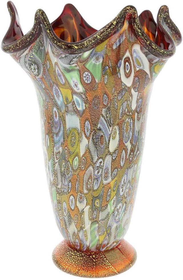 GlassOfVenice Murano Glass Millefiori Gold Fazzoletto Vase - Red