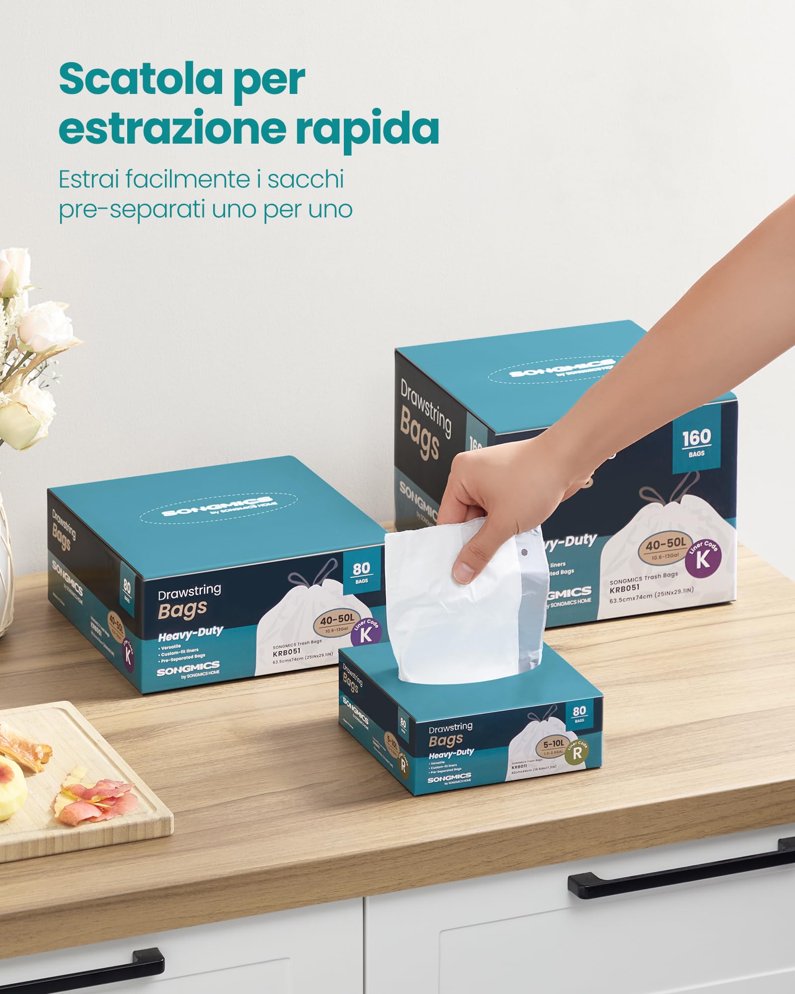SONGMICS Sacchi Spazzatura, 10 L, Sacchetti per Immondizia Rifiuti con Manici a Cordoncino, 80 Pezzi, Codice R, Resistenti, Scatola per Estrazione Rapida, Bianco Crema KRB011A02