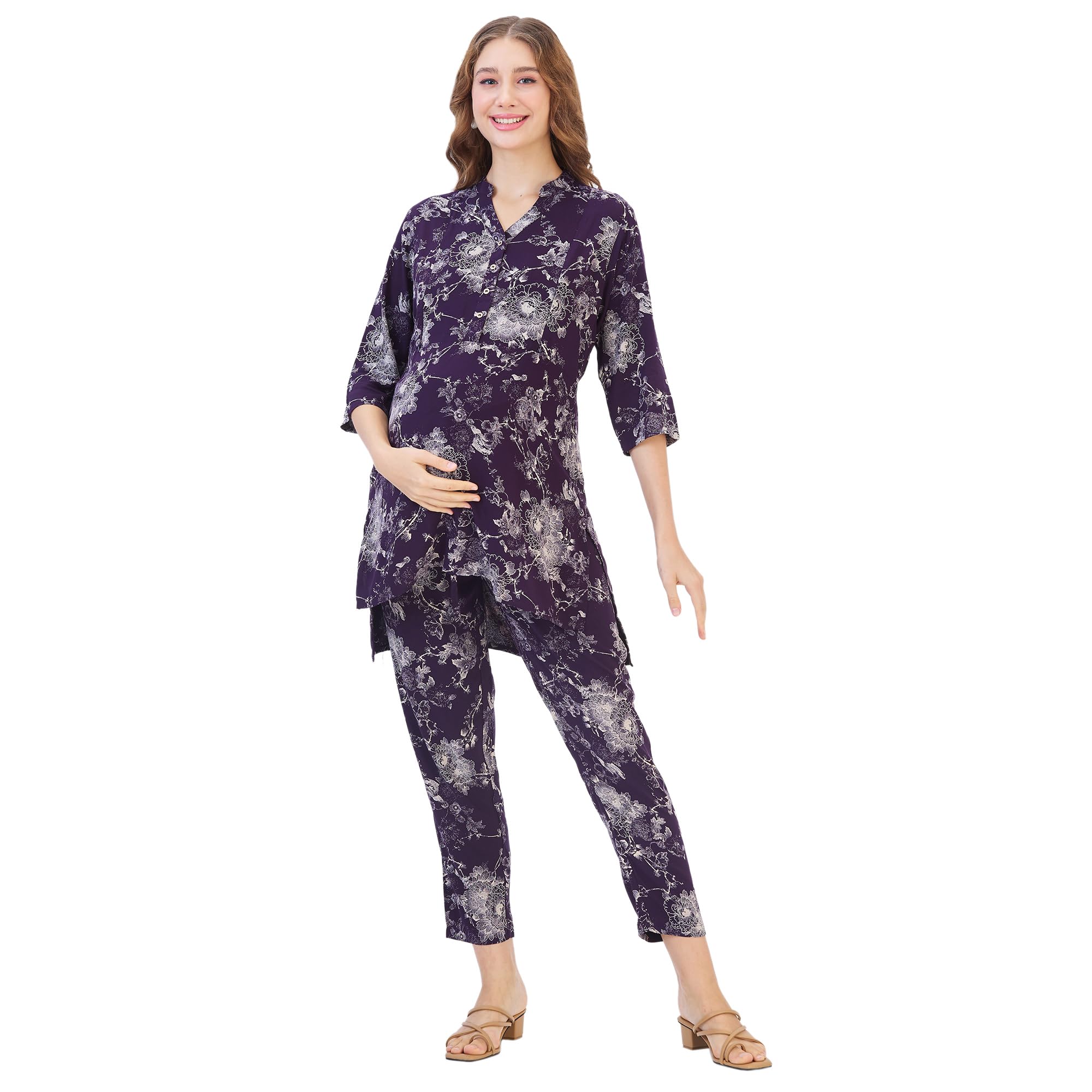 AV2 Women's Cotton Maternity Night Suit set|Nursing|Feeding Printed Tunic & Bottom Coord Set 2426