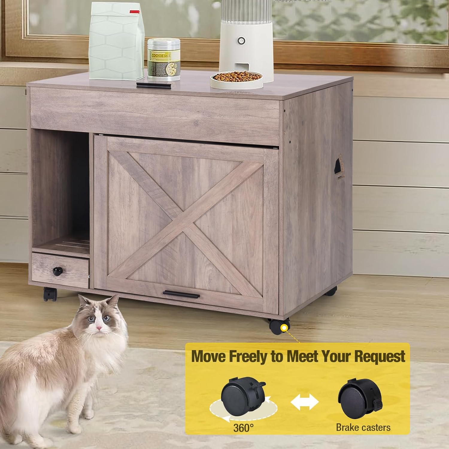 Cat Litter Box Enclosure Cabinet,Flip Top Hidden Litter Box Furniture,Indoor Wooden Covered Cat House with Drawer,Wheels