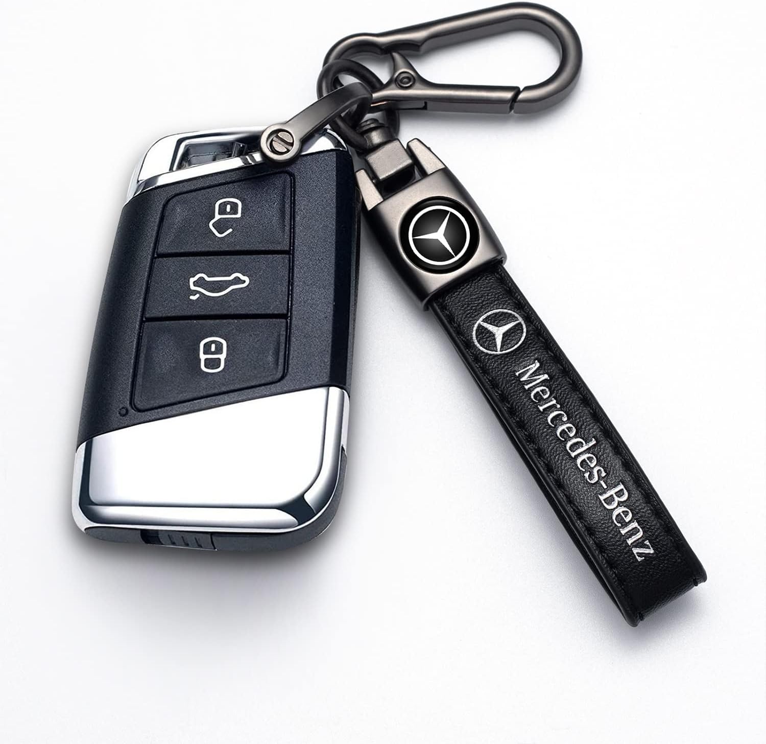 for Mercedes Benz Keyring, 4PCS Valve Stem Caps and Car Keychain Combo Compatible with Mercedes Benz C E S M Serie CLK GLK GL AB AMG GLS GLE AMG, Black