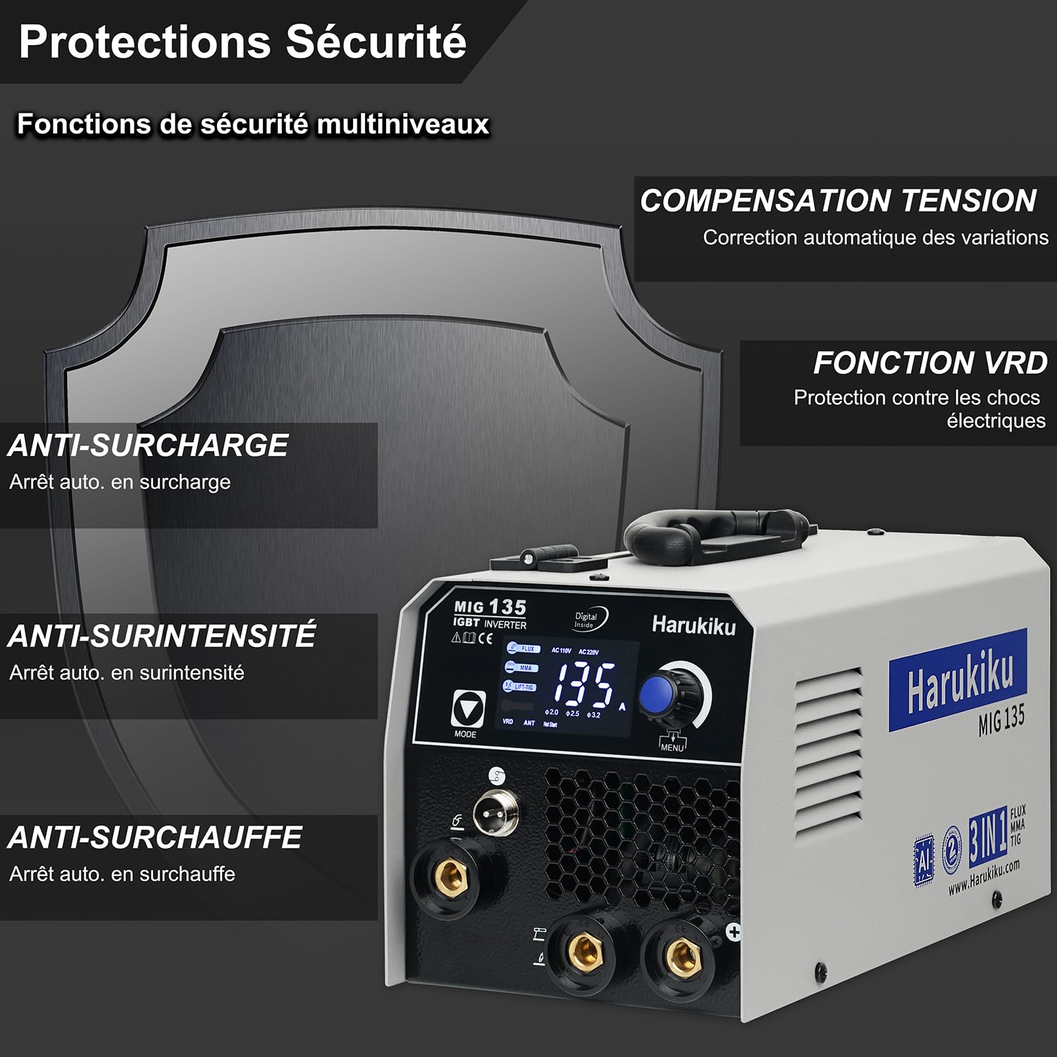 Harukiku135A Poste a Souder Fil Fourré Sans Gaz, Poste à Souder 3 en 1 (Flux MIG/ARC, MMA/Lift TIG), avec Avance Synchro du Fil & Poste à Souder Inverter IGBT Compact, pour DIY Maison & Professionnels