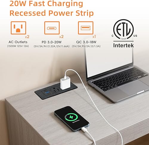 Miniatura 2 de Regleta de alimentación empotrada USB, salida de muebles de carga rápida de 20 W - 2 CA y 3 USB (2 USB-C + 1 USB-A) para escritorio, mesita de