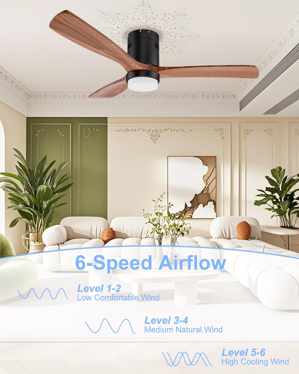 ORALUCE 52 Inch Ceiling Fans with Lights and Remote Control, Indoor Outdoor Modern Wood Ceiling Fan with Reversible Quiet DC Motor, 6 Speed, 3 LED Colors, for Bedroom Living Room Patio Balcony, Black