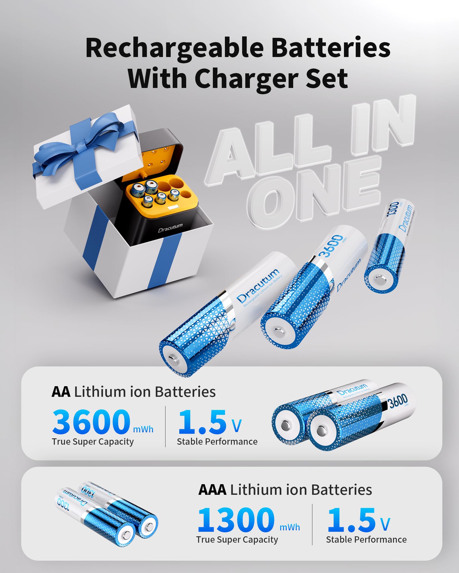 Batterie al litio ricaricabili, (4 AA e 4 AAA) con caricabatterie, batterie AA da 3600 mWh e batterie AAA da 1300 mWh ad alta capacità 1,5 V, 2000 cicli, batterie agli ioni di litio a lunga