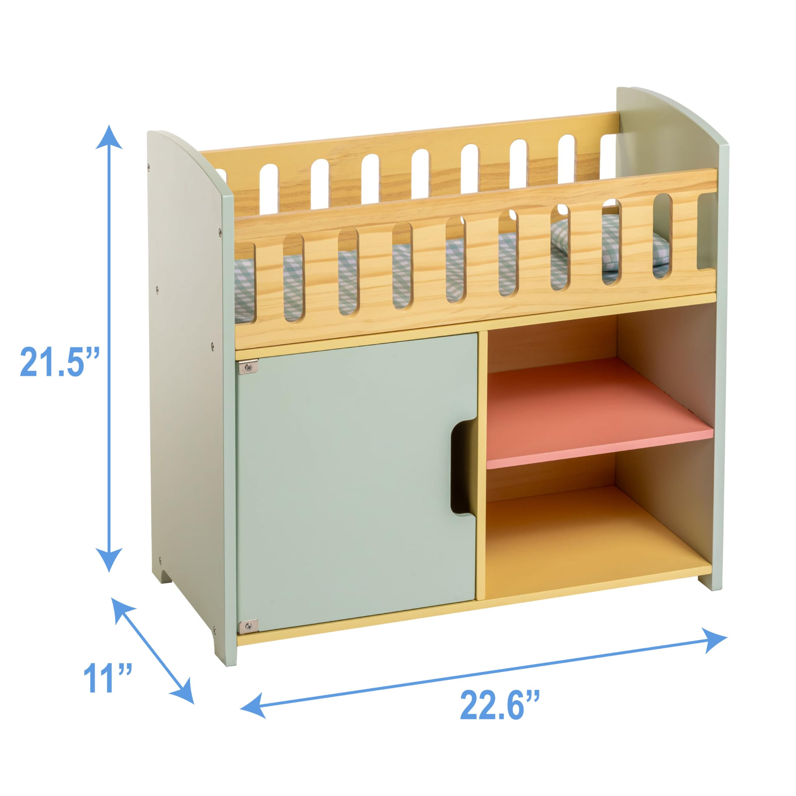 JC Toys- Cuna de Madera con Armario, para muñecas de hasta 45 cm, Ideal para Jugar, Incluye Cama Acolchada, Almohada y 3 Perchas, diseño Multicolor, Colores Pastel, + 3 años