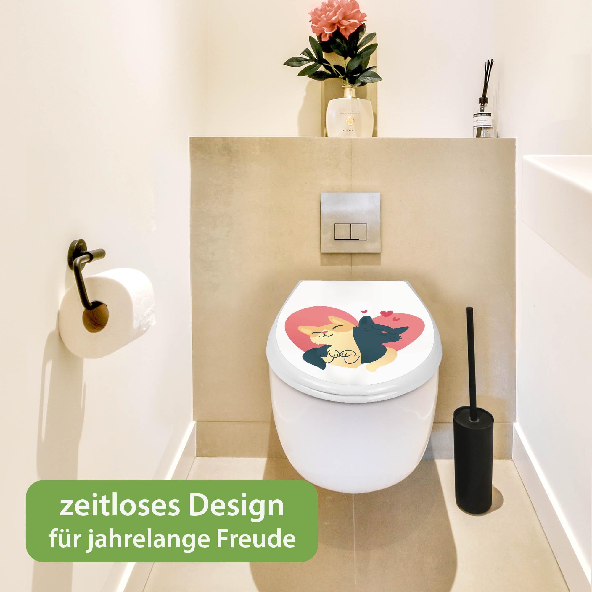 banjado Familien WC Sitz mit Absenkautomatik 44,9x37,1cm - Klobrille mit Kindersitz aus hochwertigem Polypropylen - Toilettendeckel mit Kinder Toilettensitz integriert - Motiv Verliebte Katzen 1