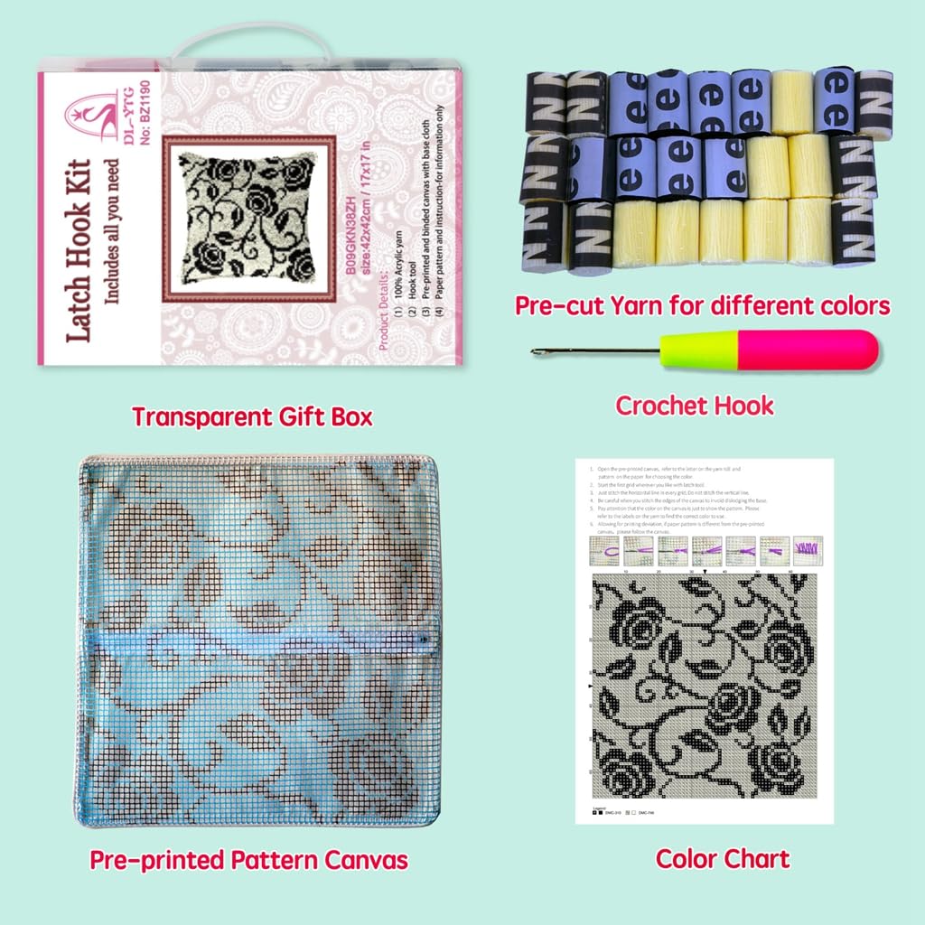 Rose Latch Hook Kit | DIY Crochet Pillow Craft Kit With Pre-Printed Canvas 43x43cm